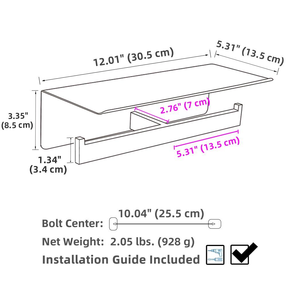 Double Toilet Paper Holder with Shelf Brushed Nickel, Modern Bathroom Accessories SUS 304 Stainless Steel Commercial Tissue Roll Dispenser Mobile Phone Storage Rack Handy Use
