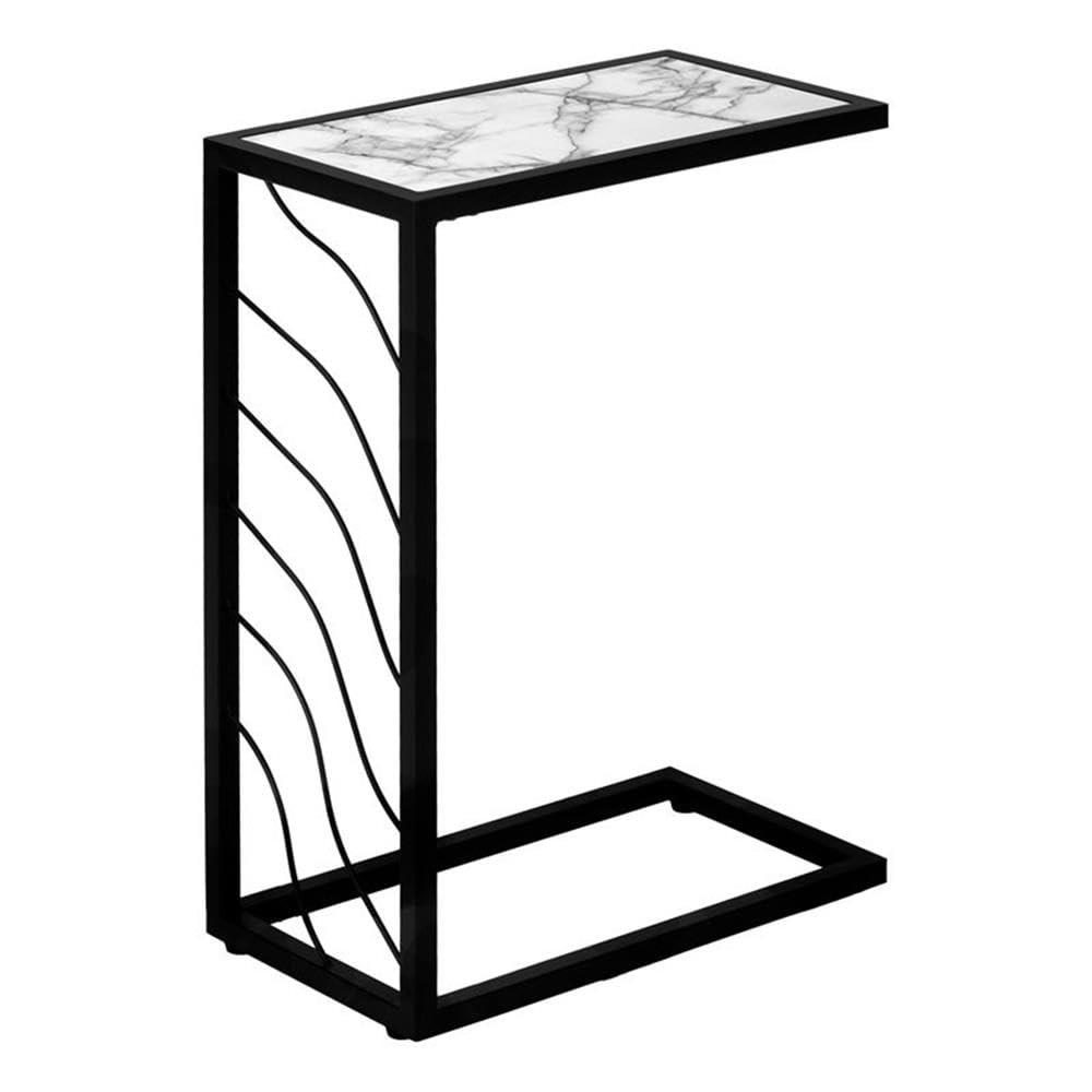 Monarch Specialties Accent Table C-Shaped End Side Snack Living Room Bedroom Metal Laminate White Marble Look Black Contemporary Modern