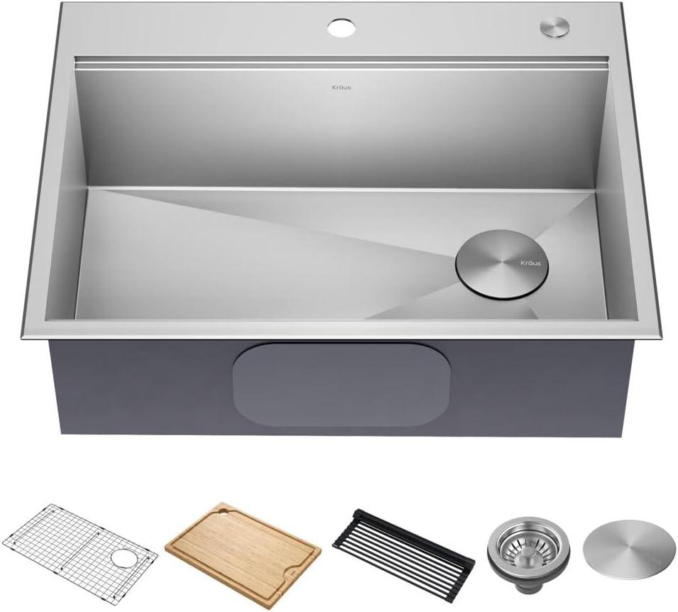 KRAUS Kore Drop-In Workstation 16 Gauge Stainless Steel Single Bowl Kitchen Sink with Accessories