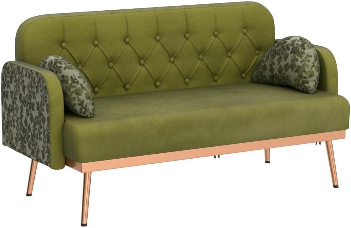 55-inch Small Velvet Couch with Elegant Moon Shape Pillows, Twin Size Loveseat Accent Sofa with Golden Metal Legs, Living Room Sofa with Tufted Backrest, 600 Pounds Weight Capacity-Green