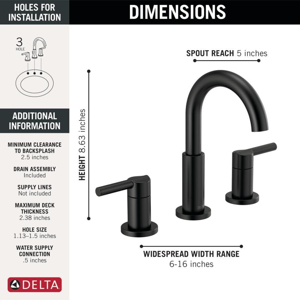 Delta Nicoli Matte Black 3-Hole Widespread Bathroom Faucet with Drain