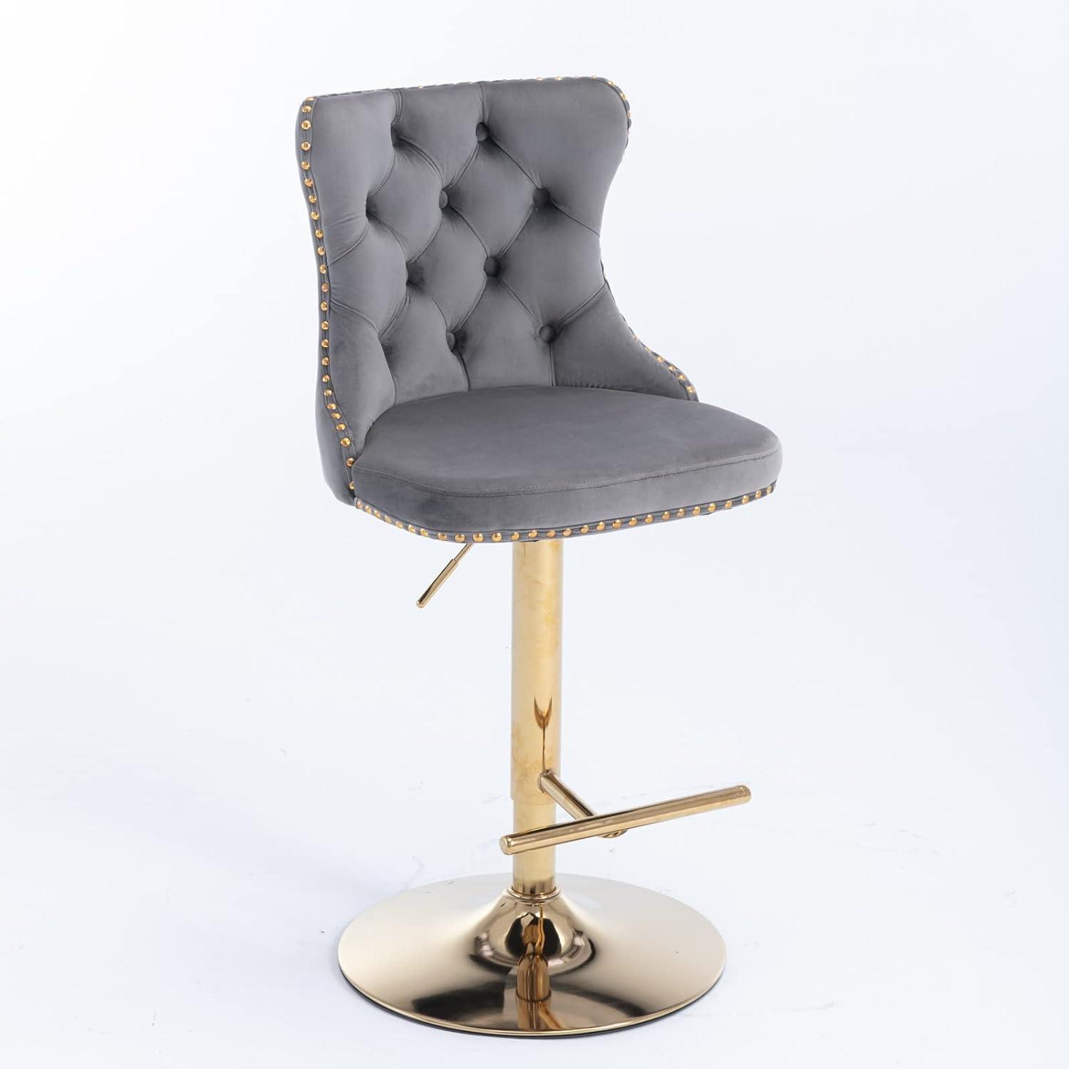 Gray Velvet Adjustable Swivel Bar Stools with Gold Metal Base