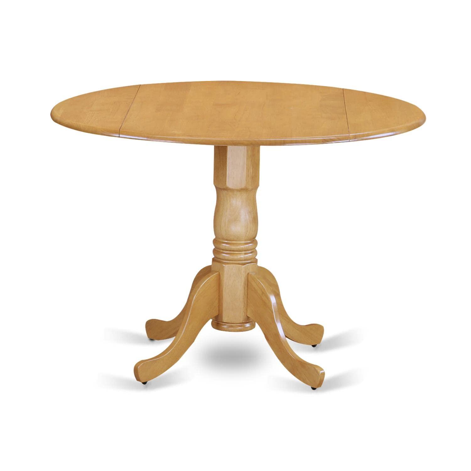 Oak 5-Piece Round Drop Leaf Dining Set with Linen Upholstered Chairs