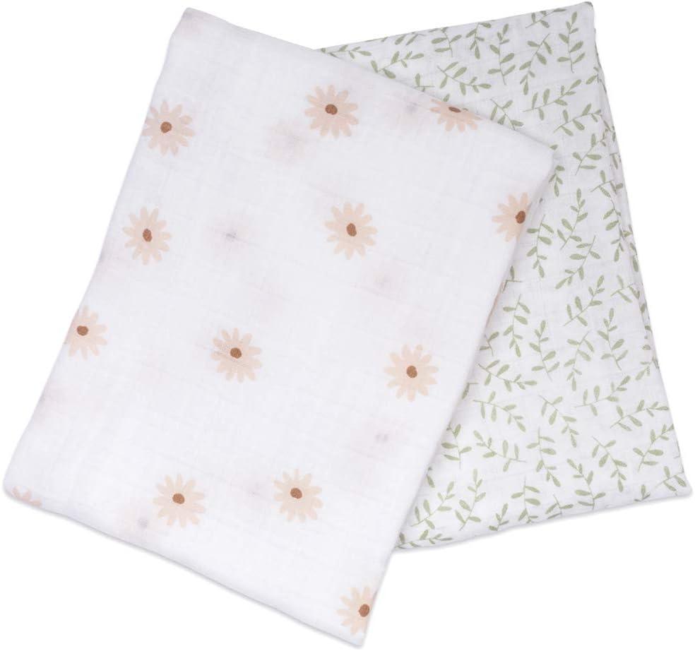 Lulujo Baby Swaddle Blankets | Unisex Softest Breathable Cotton Muslin Swaddle Blanket Set | Neutral Receiving Blanket for Girls & Boys | 40in x 40in | Daisies & Greenery | 2-Count