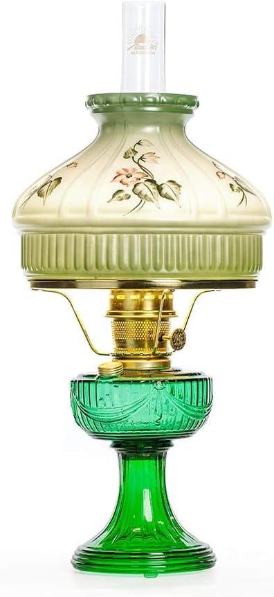 Emerald Green Glass Oil Lamp with Brass Trim and Floral Shade