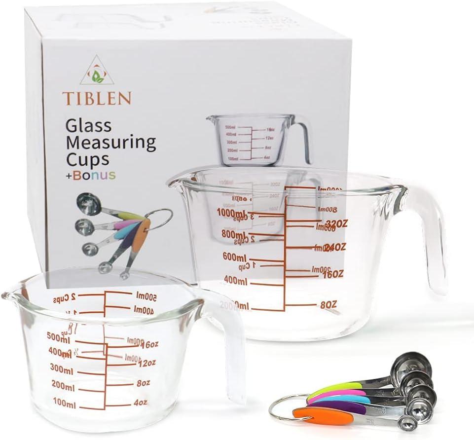 TIBLEN 7-Pack Glass Measuring Cup Set 34 and 17 oz Microwave, Freezer Safe, No BPA + 5 Measuring Spoons