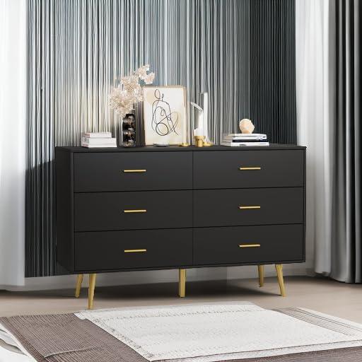 Black Modern 6-Drawer Dresser with Gold Handles