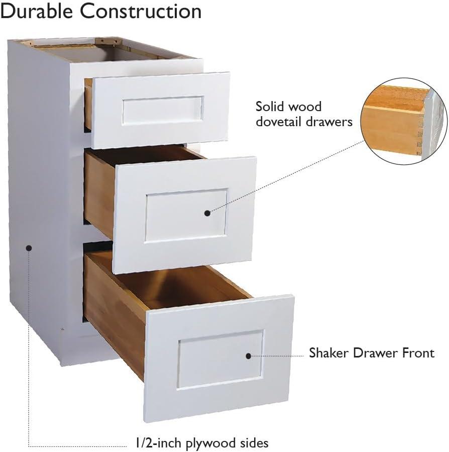 Brookings Shaker Unassembled Drawer Base Kitchen Cabinet 3DB18, 18 W x 24 D x 34.5 H, Painted White, Solid Wood, Design House, 561464