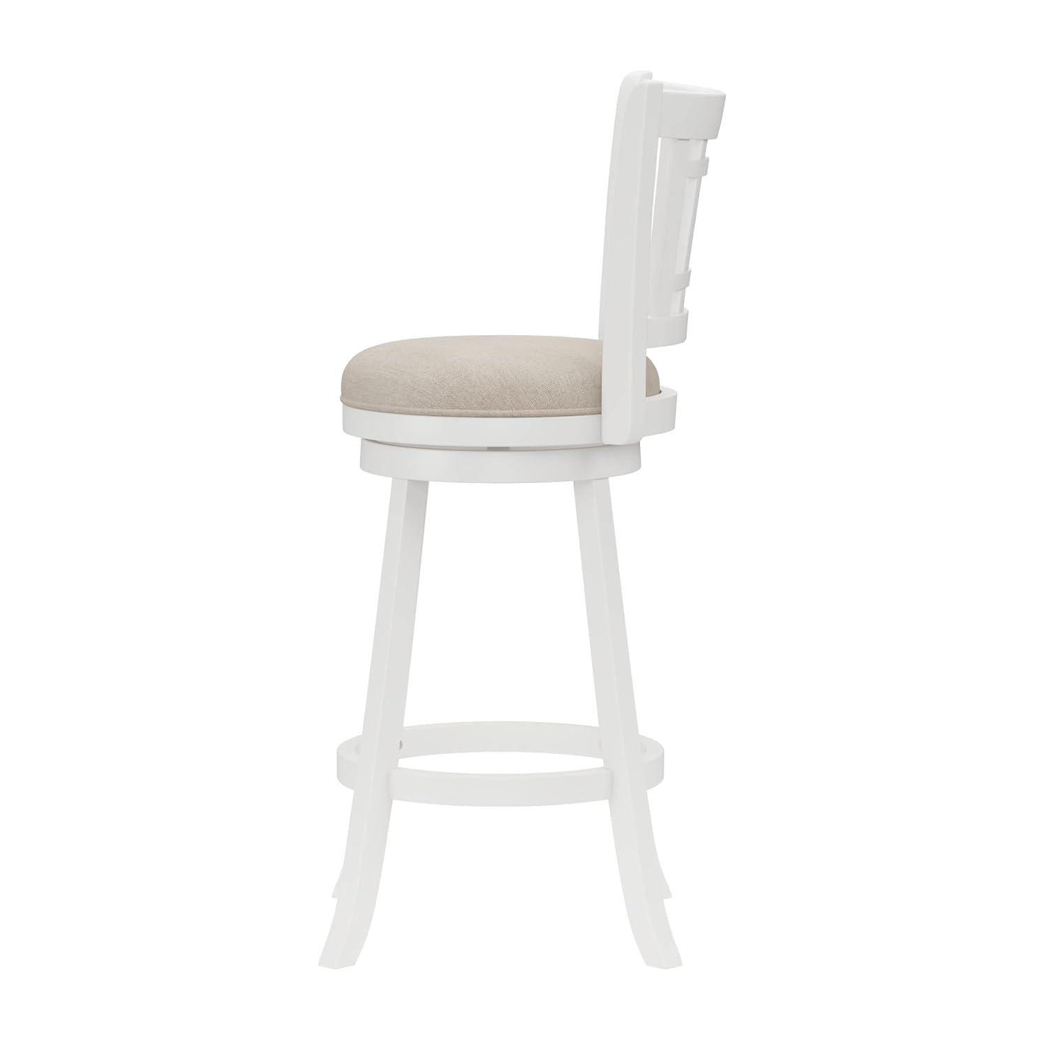 Elegant White Swivel Bar Stool with Beige Fabric Seat and Wood Accents
