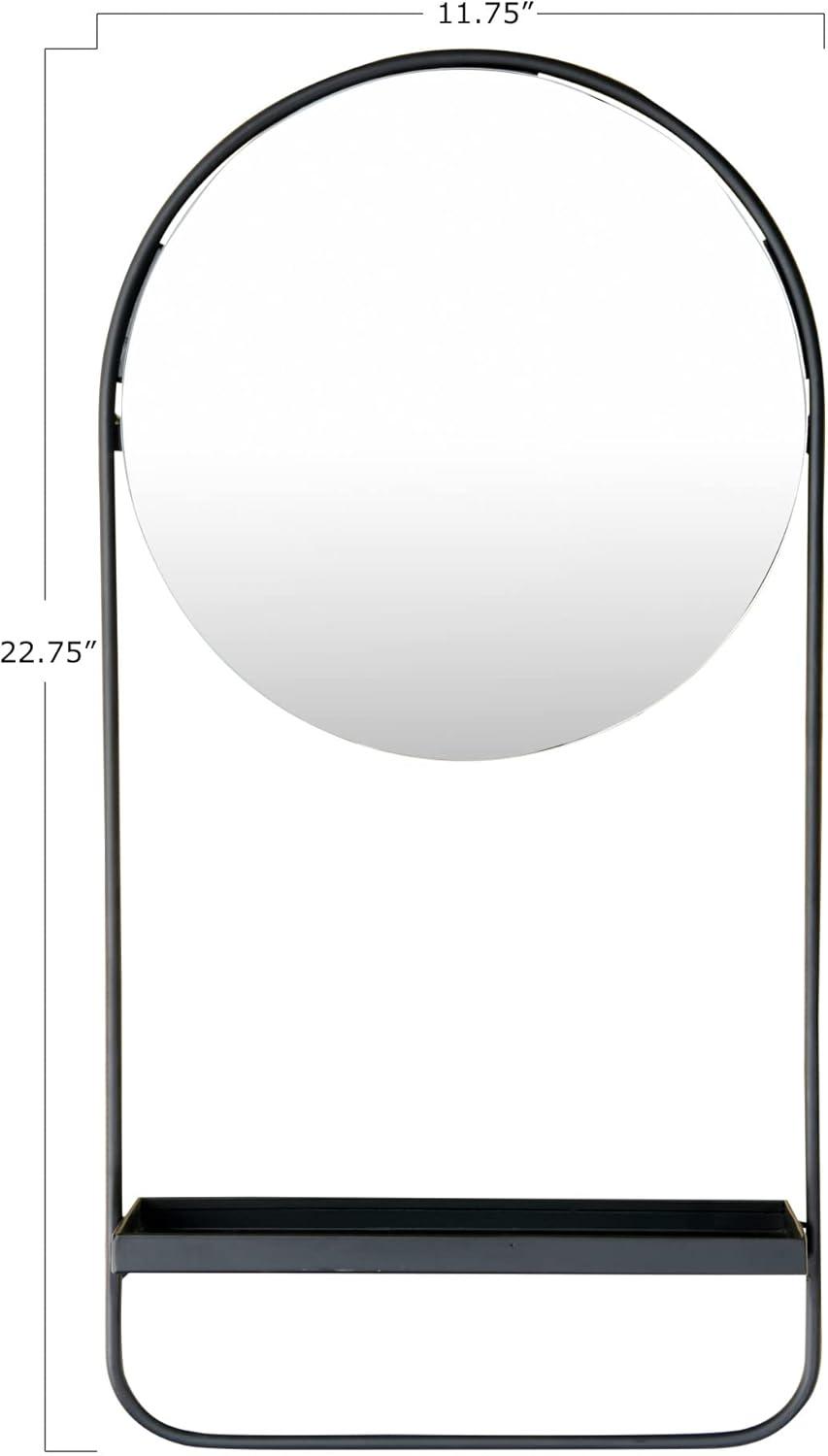 Storied Home Round Floating Metal Framed Wall Mirror with Shelf, Black