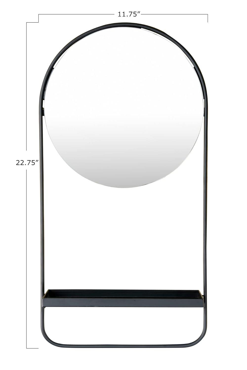 Storied Home Round Floating Metal Framed Wall Mirror with Shelf, Black
