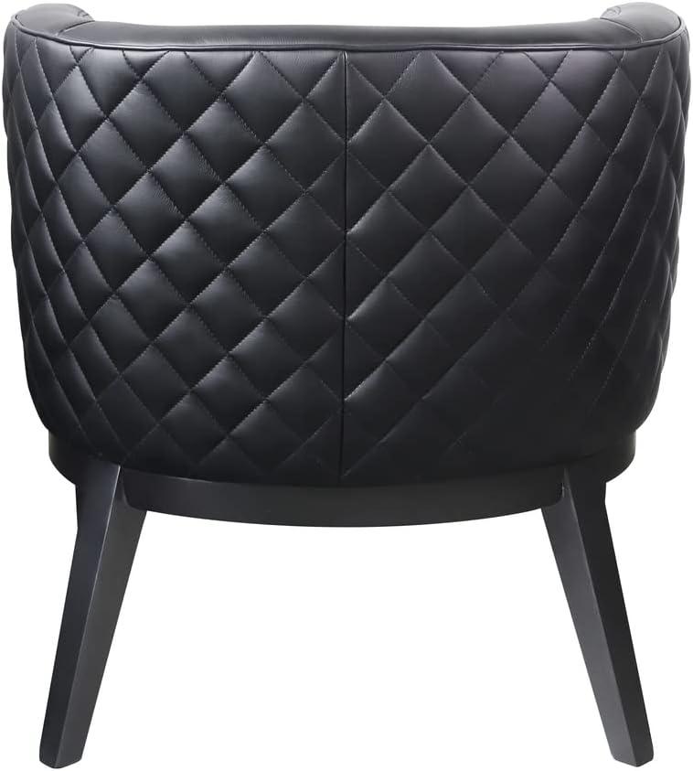 Elegant Quilted Black Leather Barrel Accent Chair with Wood Base