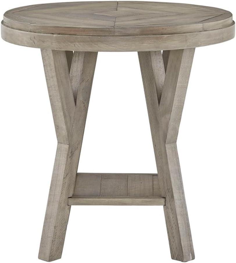 Gray Pine Transitional Round End Table with Planked Top