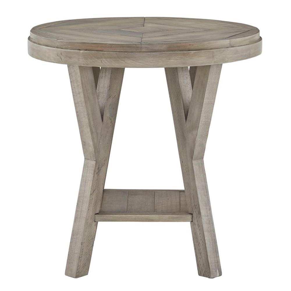 Gray Pine Transitional Round End Table with Planked Top