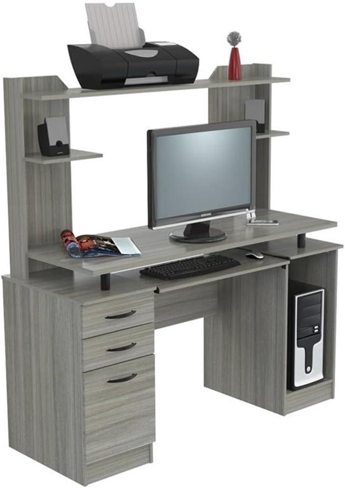 Computer Workcentre With Hutch Smoke Oak - Inval: Modern Laminate Writing Desk, MDF Frame, Open Shelf Storage