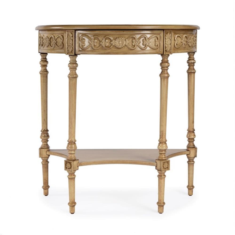 Antique Beige Wood Demilune Console Table with Storage