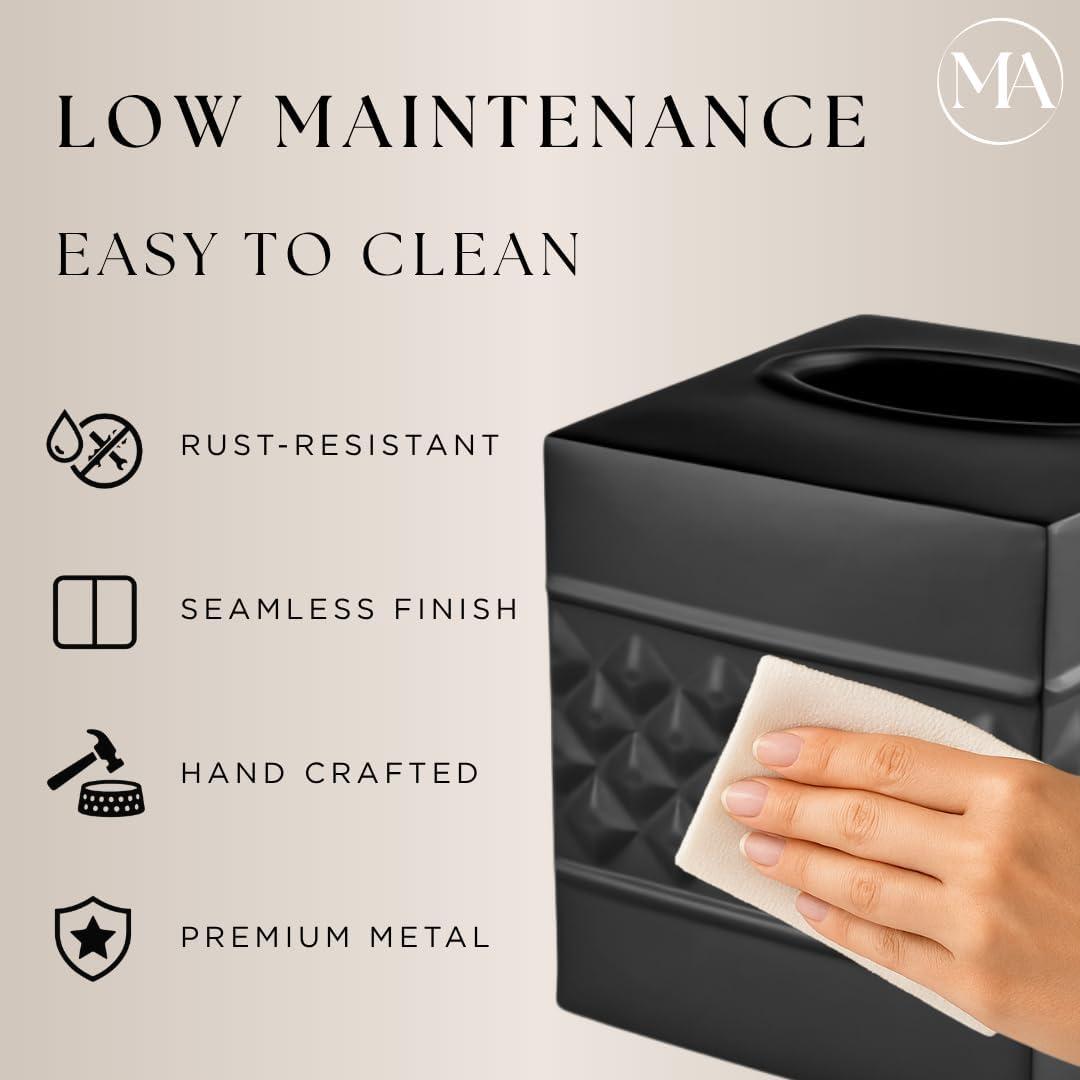 Monarch Abode Tissue Box Cover, Hand Hammered, Metal, Square Tissue Box Holder, Black