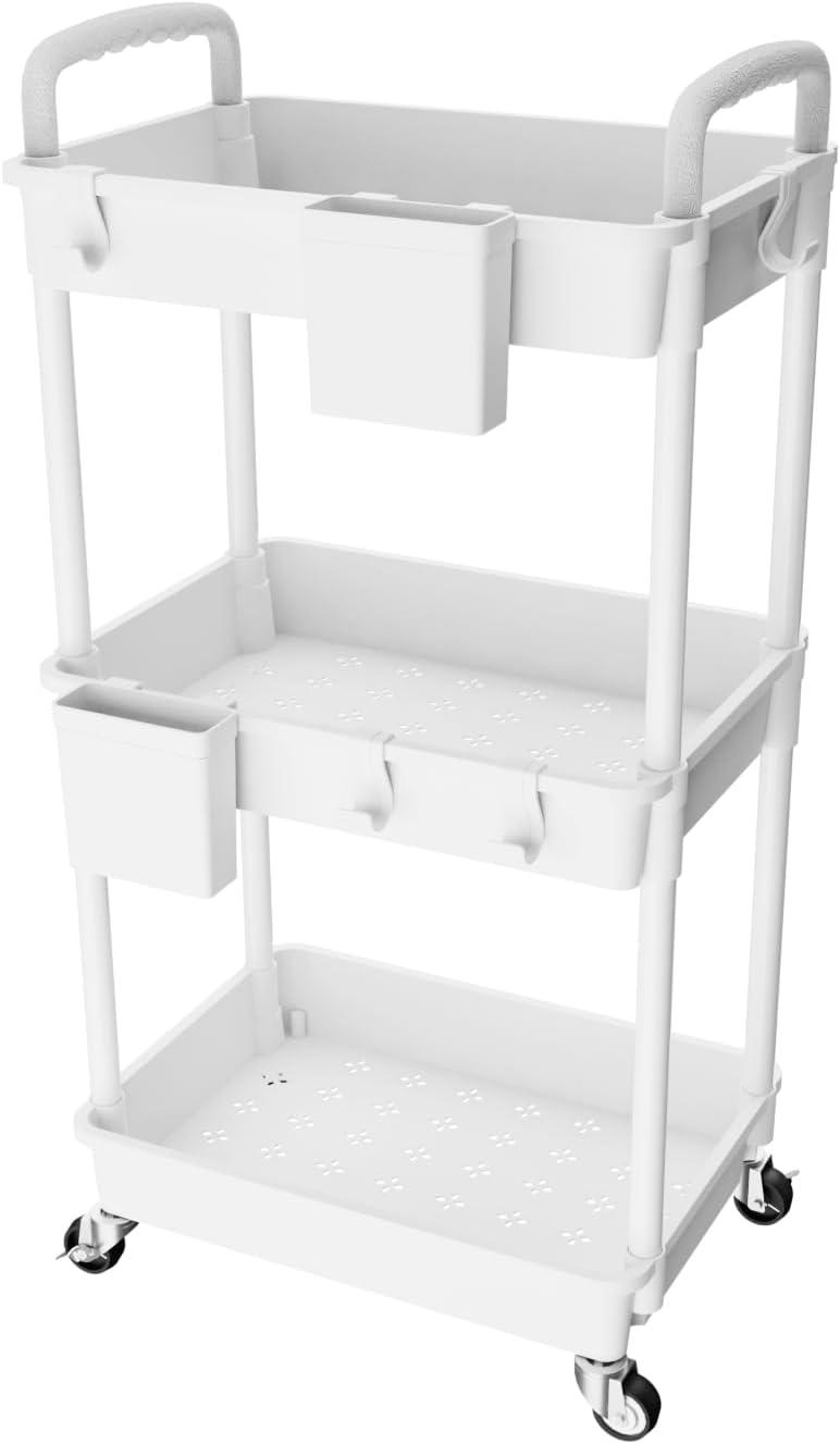 White 3-Tier Rolling Utility Cart with Handle and Storage