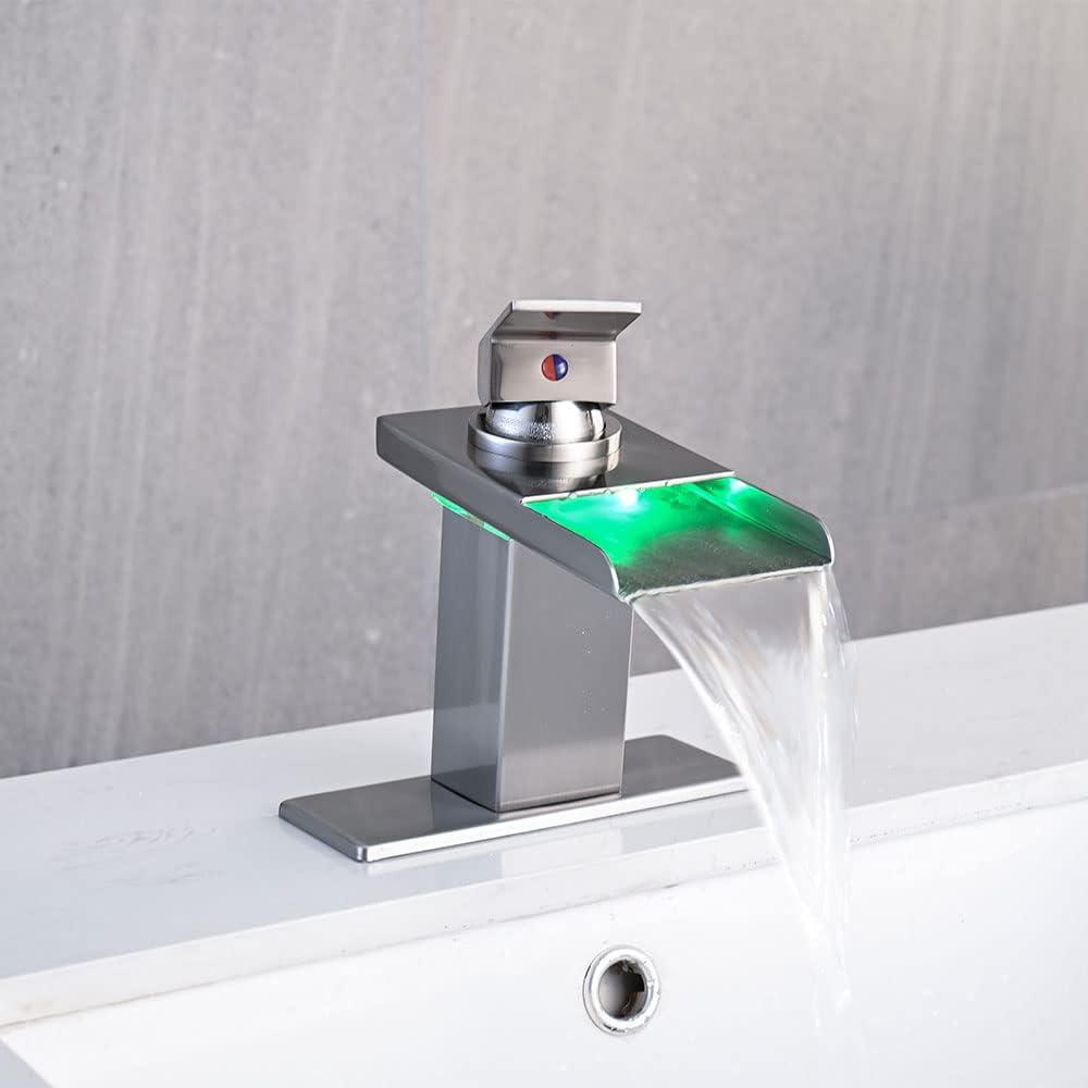 Brushed Nickel LED Waterfall Bathroom Faucet with Pop-Up Drain