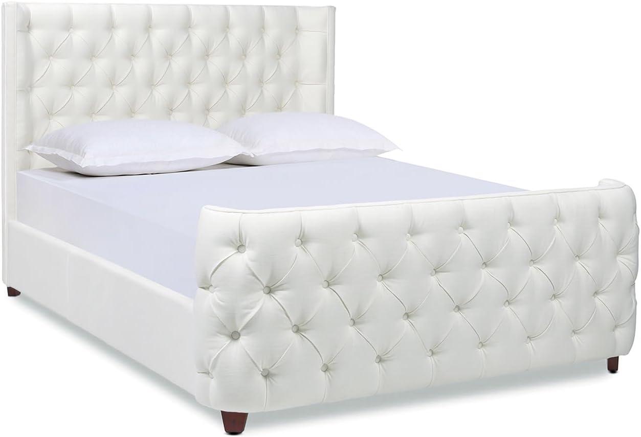 Queen Antique White Velvet Tufted Upholstered Bed Frame