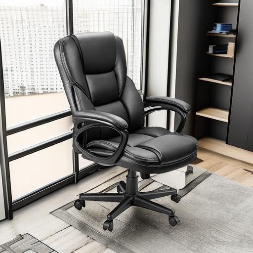 Office Executive Chair High Back Adjustable Managerial Home Desk Chair, Swivel Computer Leather Chair with Lumbar Support (Black)