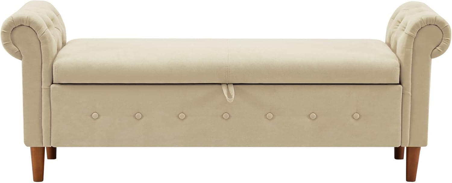 Beige Linen Rolled Arm Storage Bench with Wooden Legs