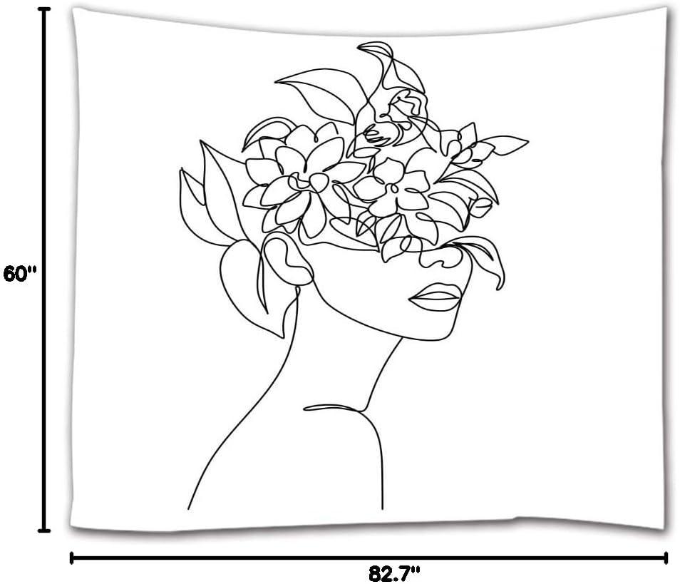 Black and White Abstract Woman Face Tapestry with Flowers, 51x60 Inches