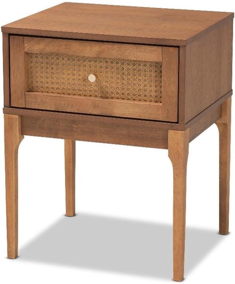 Baxton Studio Ramiel Ash Walnut Finished Wood and Rattan 1-Drawer Nightstand