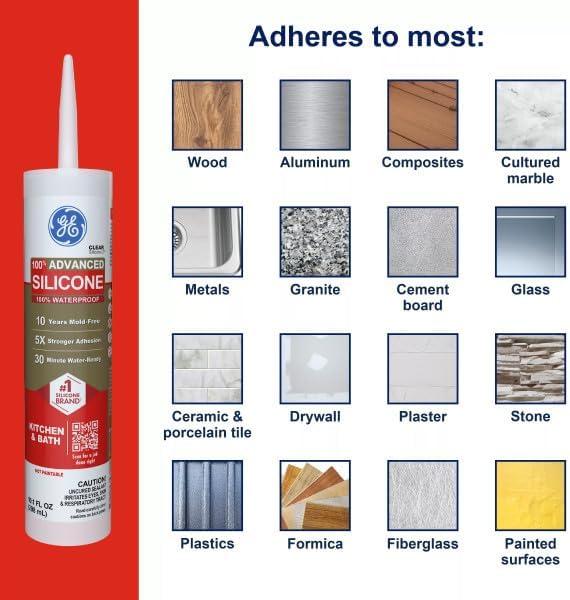 GE Advanced Silicone Kitchen & Bath Sealant, Pack of 1, White 10.1 fl oz Cartridge