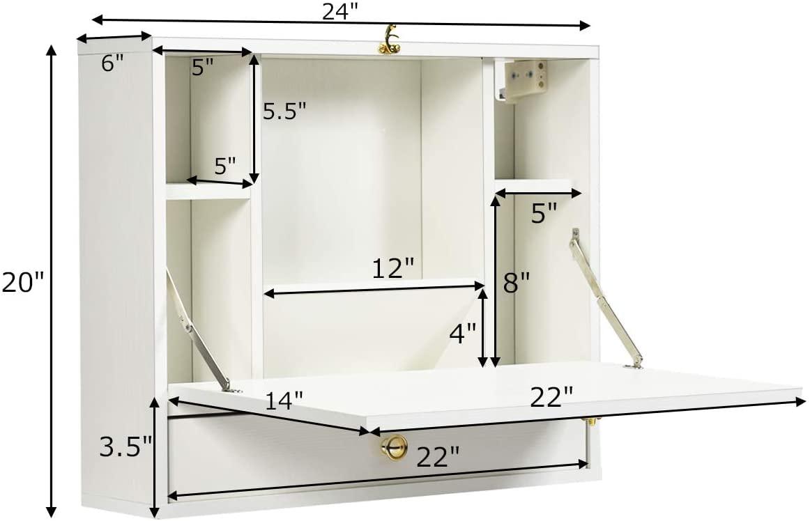 TrendSage Wall Mounted Table, Multifunctional Folding Hanging Storage Cabinet, Space Saving Computer Desk w/Storage Drawer and Shelves, Wall Mount Laptop Desk for Home Office (White)