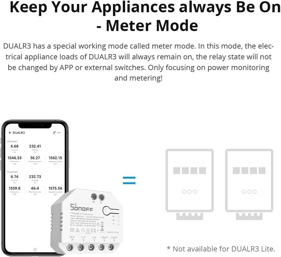 SONOFF Dual Relay Module with Power Metering ,Smart Double Relay Switch for Garage Doors and Boilers,Roller Shade Switch & Light Switch, Supports Google Assistant and Alexa,TUV Certified
