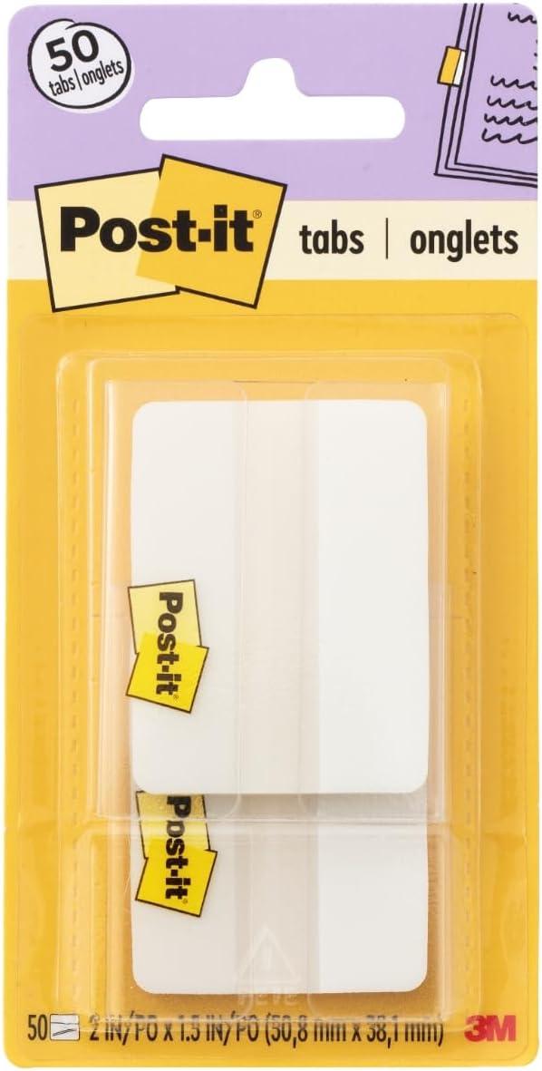 Post-it Tabs, 2 in, Solid, White, 25 Tabs/On-The-Go Dispenser, 2 Dispensers/Pack (686F-50WH)