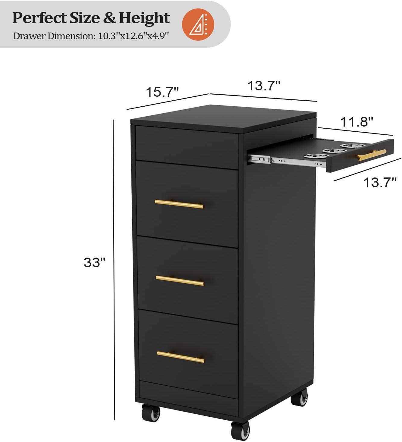 Salon Trolley Cart with Wheels, Wooden Hair Storage Cabinet, Stylist Cart Mobile Hairdressing Barber Station for Beauty Spa Barbershop, 3 Large Drawers, 3 Hot Tool Holders, Black