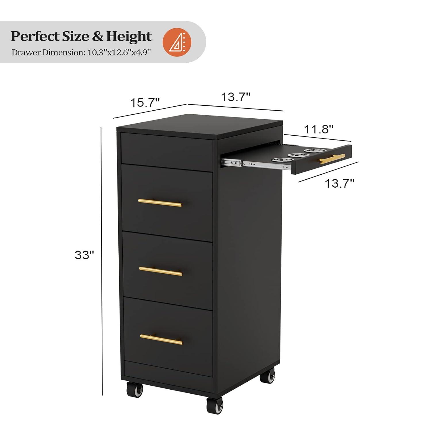 Salon Trolley Cart with Wheels, Wooden Hair Storage Cabinet, Stylist Cart Mobile Hairdressing Barber Station for Beauty Spa Barbershop, 3 Large Drawers, 3 Hot Tool Holders, Black