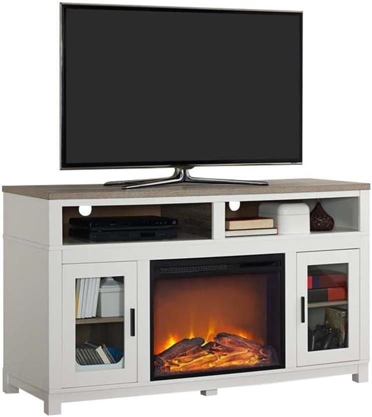 White MDF Electric Fireplace TV Stand with Glass Cabinets