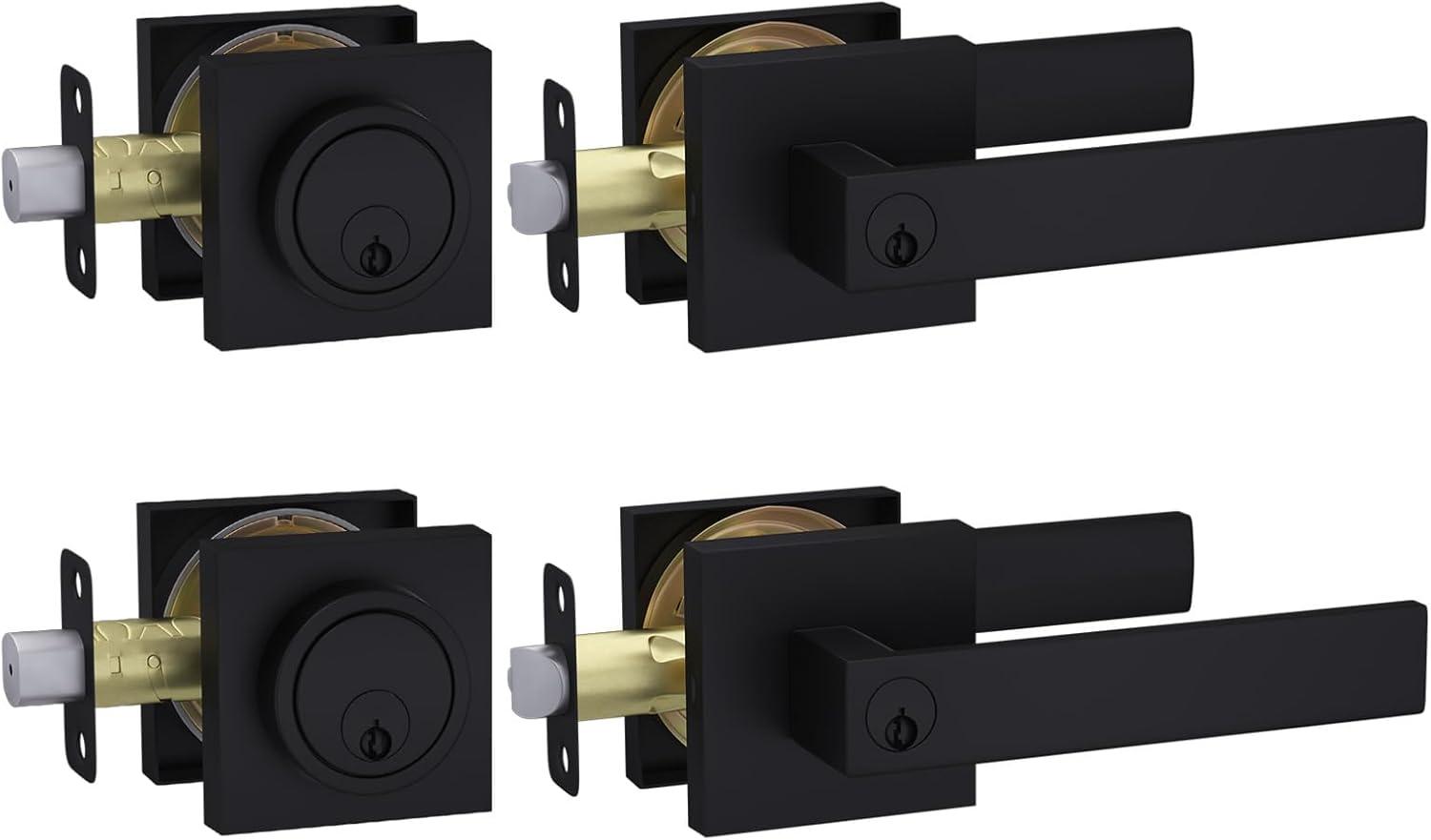 Front Door Handle and Deadbolt Set, Matte Black Exterior Door Lock Set with Deadbolt, Front Door Handles and Locks (2 Pack)