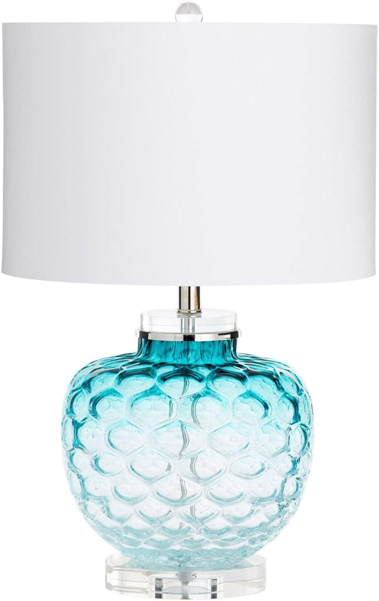 Teal Glass Table Lamp with Off-White Cotton Shade