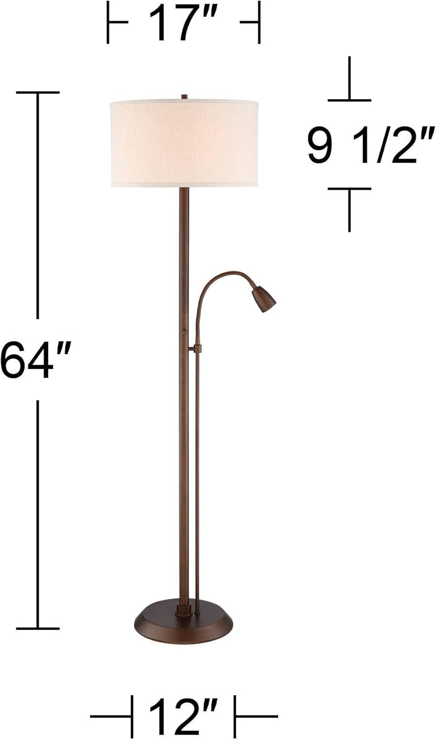 Possini Euro Design Traverse Modern Floor Lamp with LED Gooseneck Reading Light 64" Tall Oil Rubbed Bronze Oatmeal Drum Shade for Living Room Bedroom