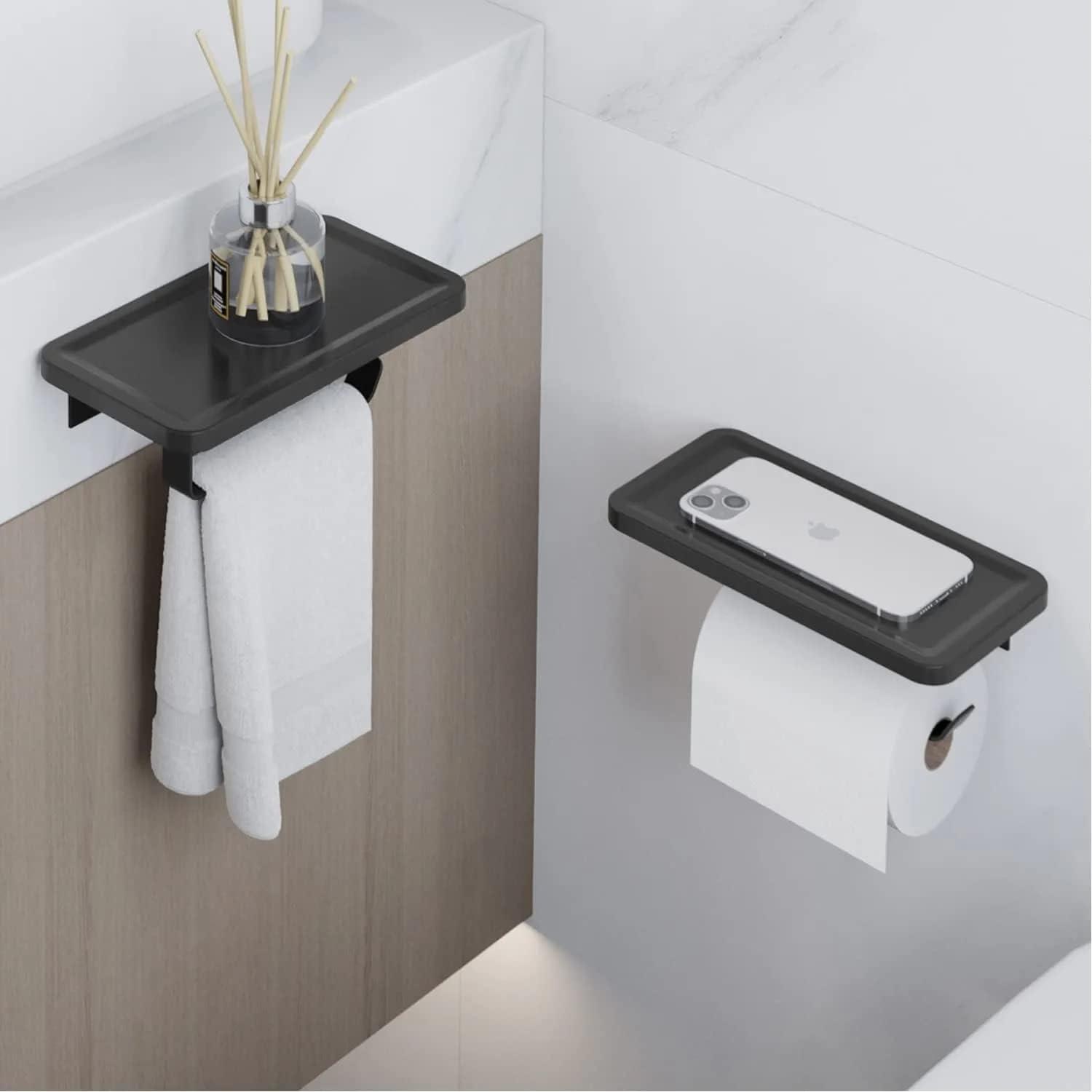 2-Piece Jasni Matte Black Toilet Paper Holder SUS304 Stainless Steel Paper Roll Tissue Holder Toilet Paper Holder with Shelf Self Adhesive Modern Wall Mounted for Bathroom & Kitchen Square Style