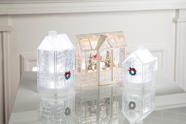 White Cardinals in Greenhouse LED Snow Globe Lantern