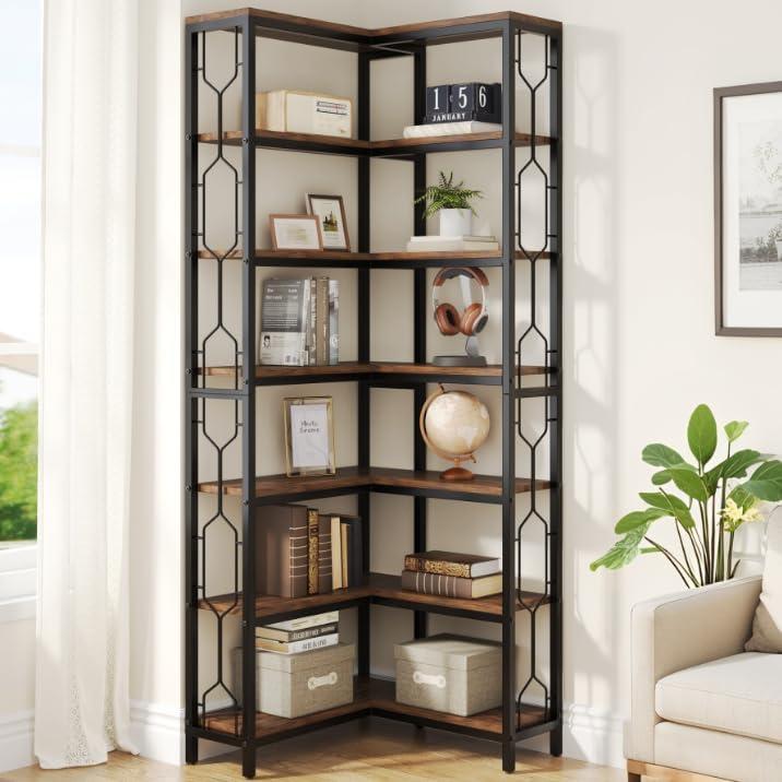 Hommoo 7-Tier Industrial Corner Bookshelf Rustic Brown