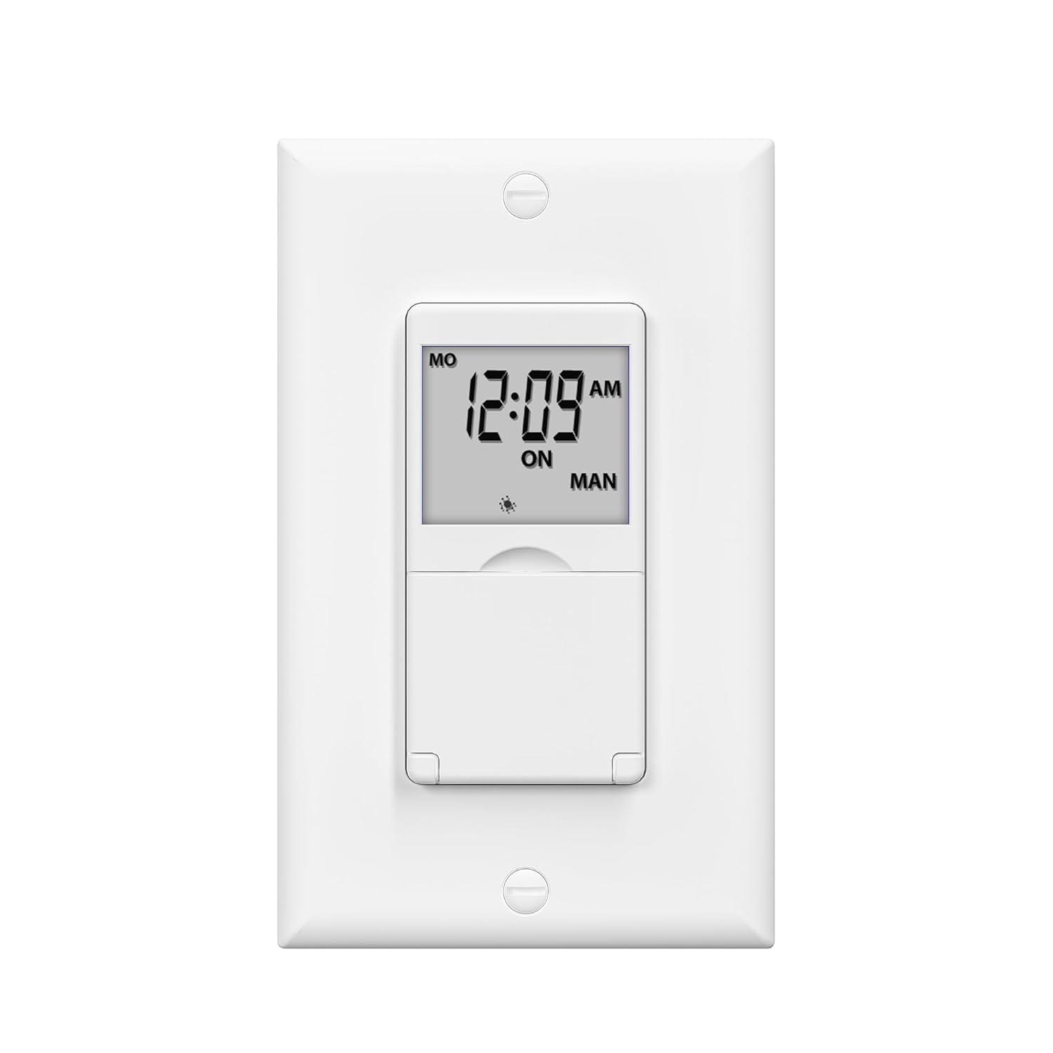 BN-LINK 7 Day Programmable In-Wall Timer Switch for Lights, fans and Motors, Single Pole and 3 Way (Compatible with SPDT) Both Use, Neutral Wire Required, White (No Backlight)