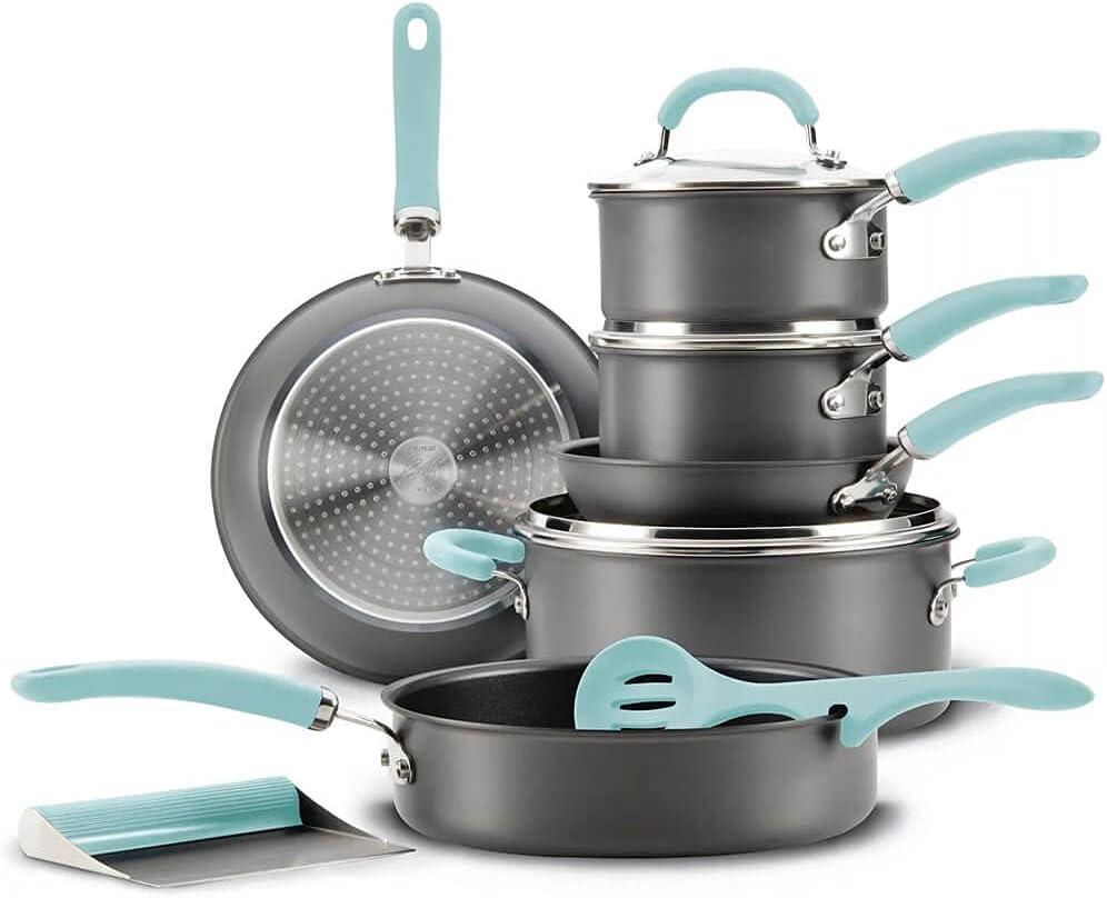 Rachael Ray Create Delicious 11pc Hard Anodized Nonstick Cookware Set Light Blue Handles