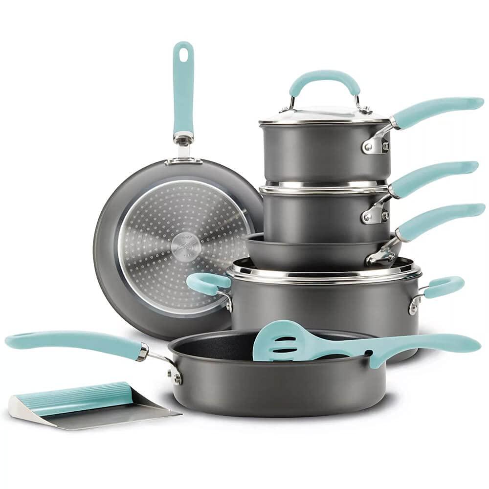 Rachael Ray Create Delicious 11pc Hard Anodized Nonstick Cookware Set Light Blue Handles