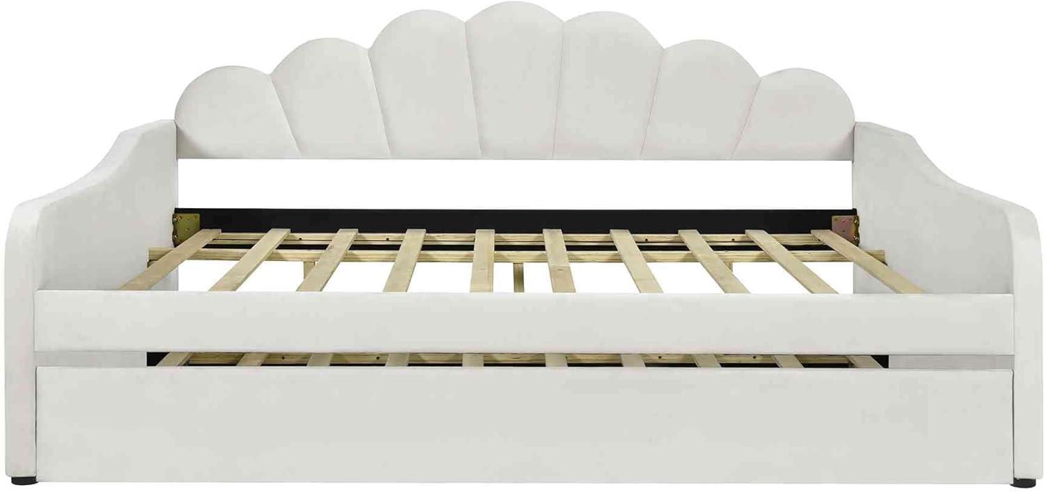 ATY Full Size Upholstery Daybed with Trundle and Backrest, Shall Shaped Bedframe, Sofa Design, for Bedroom, Guestroom, Small Space, Beige