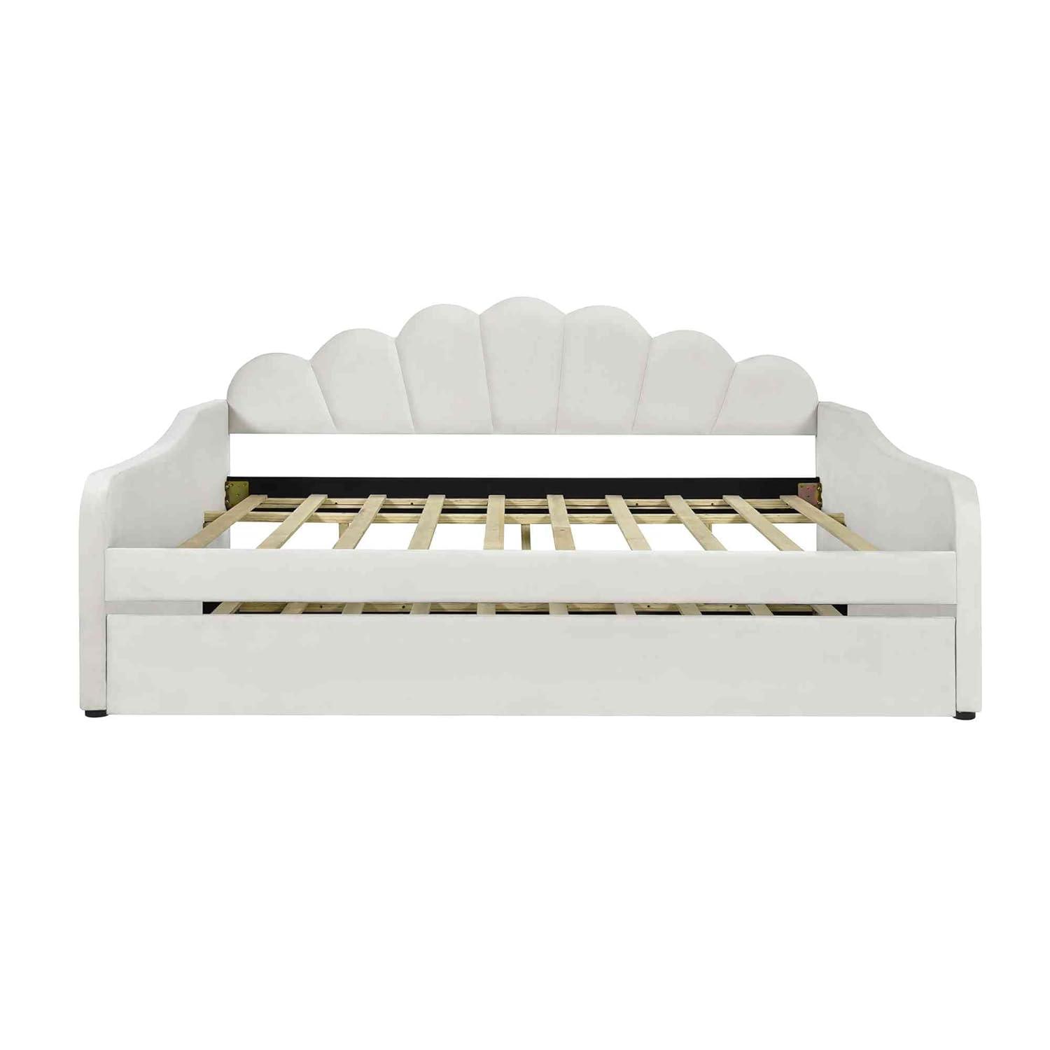 ATY Full Size Upholstery Daybed with Trundle and Backrest, Shall Shaped Bedframe, Sofa Design, for Bedroom, Guestroom, Small Space, Beige