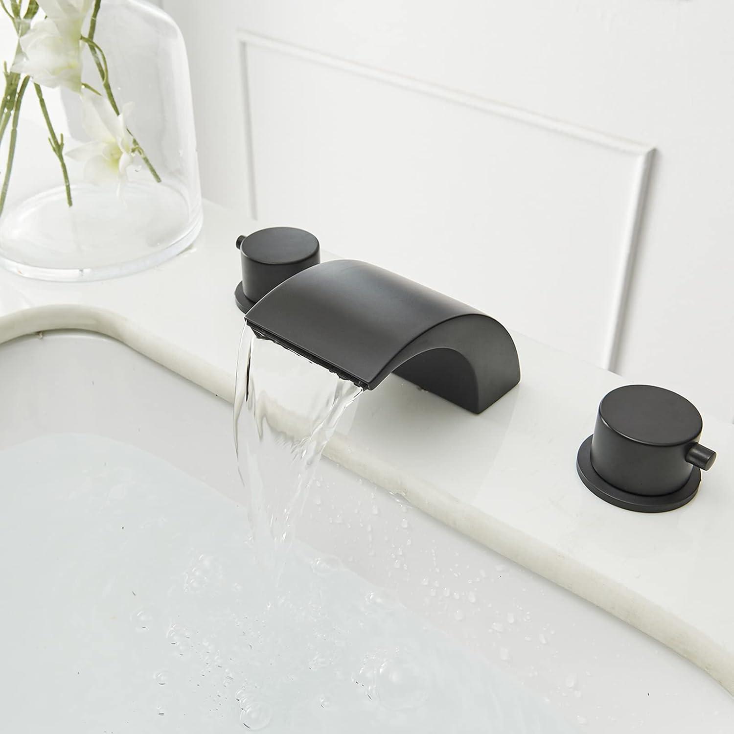 BWE 8 in. Widespread Waterfall Double Handle Three Holes Bathroom Faucet With Led Light in Black