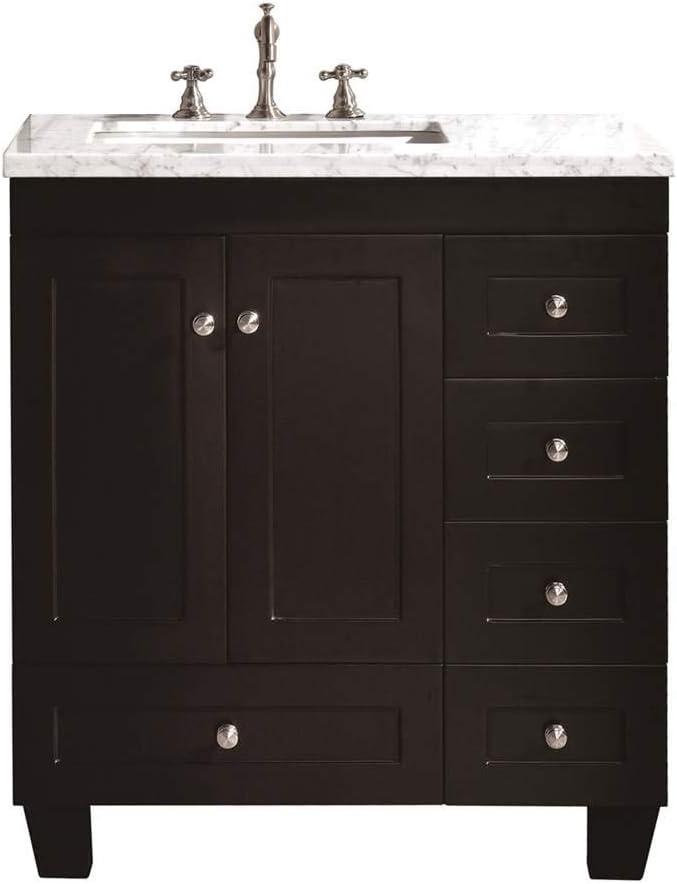 Eviva Acclaim C. 28" Transitional Espresso Bathroom Vanity with White Carrara Quartz Countertop