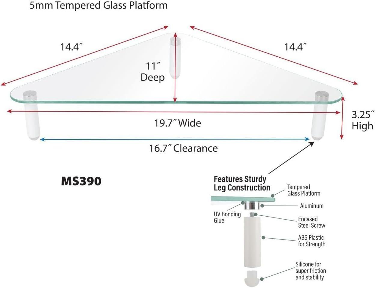 Kantek Glass Corner Monitor Riser with 5mm Tempered Glass Platform and 40-Pound Capacity, 19.7-Inch W x 11-Inch D x 3.25-Inch H, Clear Glass (MS390)