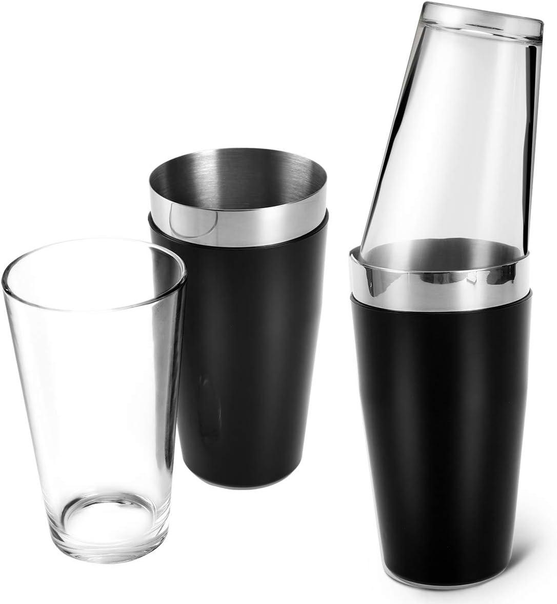 Polished Stainless Steel and Glass Boston Cocktail Shaker with Rubber Sleeve